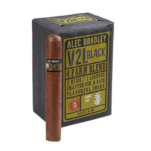 Alec Bradley V2L Black Gordo Cigars 20Ct. Pack, featuring a single cigar standing next to a box of the cigars with black and yellow packaging design.