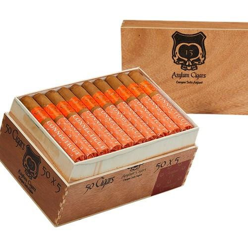 Asylum 13 Connecticut Fifty Cigars 50Ct. Box, a wooden box containing 50 cigars with orange and white bands displaying the Connecticut flavor, designed for premium cigar enthusiasts.