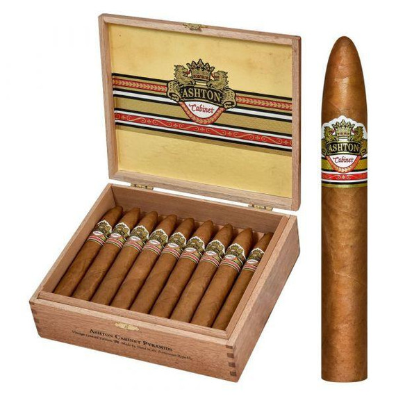 Ashton Cigars Ashton Cabinet Selection Pyramid Cigars 25Ct. Box, box of premium cigars with a single cigar outside showing the detailed band and packaging.