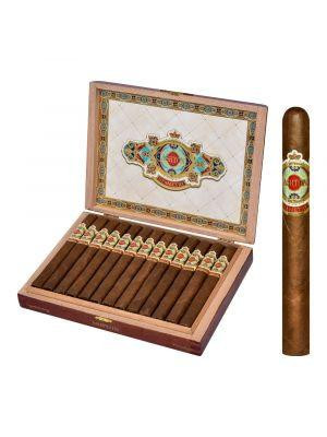 Ashton Cigars Ashton Symmetry Prestige Cigars 25Ct.Box, open wooden cigar box containing 25 cigars with decorative inside lid design and a single cigar standing outside the box.
