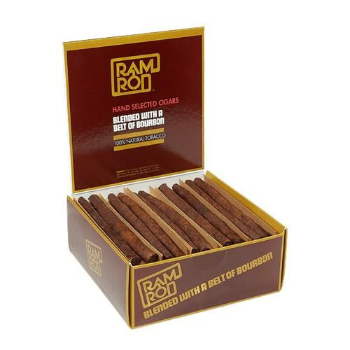 Avanti Ramrod Original Cigarillos 10/5 Packs, open box displaying hand-selected cigarillos wrapped in natural tobacco and bourbon flavor.