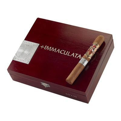 AJ Fernandez Ave Maria Immaculata Gordo Cigars 20Ct. Box, a wooden cigar box with a cigar resting on top, featuring branding and design elements.