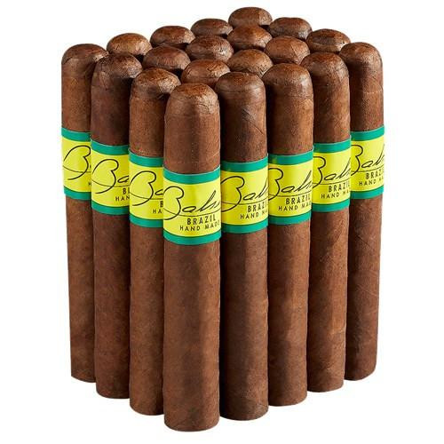 Bahia Brazil Robusto Cigars Pack of 20, Rolled cigars with a brown exterior and yellow and green band, neatly arranged in rows.