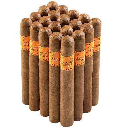 Bahia Trinidad Corona Gigante Cigars Pack of 20, bunch of large, hand-made Cuban cigars with brown wrappers and orange bands.