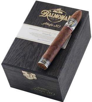 Scandinavian Tobacco Balmoral Anejo XO Torpedo MK52 Cigars 20Ct. Box, a black textured wooden box with a single cigar placed on top featuring a silver and gold band.
