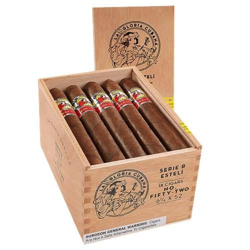 La Gloria Cubana Serie R Esteli No.52 Cigars 18Ct. Box, wooden cigar box with 18 cigars inside, featuring the La Gloria Cubana logo and branding.