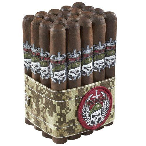 Black Ops Maduro Robusto Cigars Pack of 20, a bundle of cigars with military camouflage pattern and skull and wings logo.