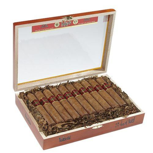 Bohemian Original Brazilian Big Sur Cigars 10Ct. Box, opened presentation box showing ten cigars with cigars wrapped in red and gold bands, surrounded by decorative packing material.