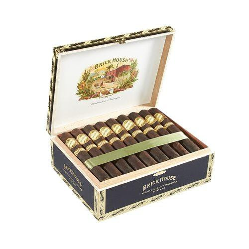 Brick House Maduro Robusto Cigars 25Ct. Box, opened cigar box with 25 cigars neatly arranged inside, featuring gold and black labels, and a colorful illustration on the lid.