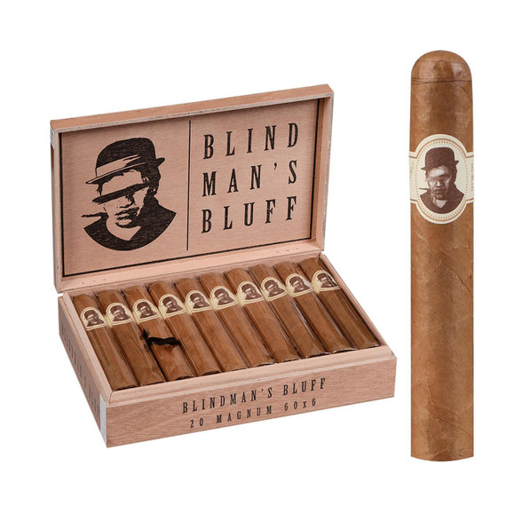 Caldwell Blind Man's Bluff Connecticut Magnum Cigars 20Ct. Box, showcasing a wooden cigar box with a black and white illustration of a man's face with a hat on the inside lid and a row of cigars with matching labels inside, alongside a single cigar with a label displaying the same man's face.