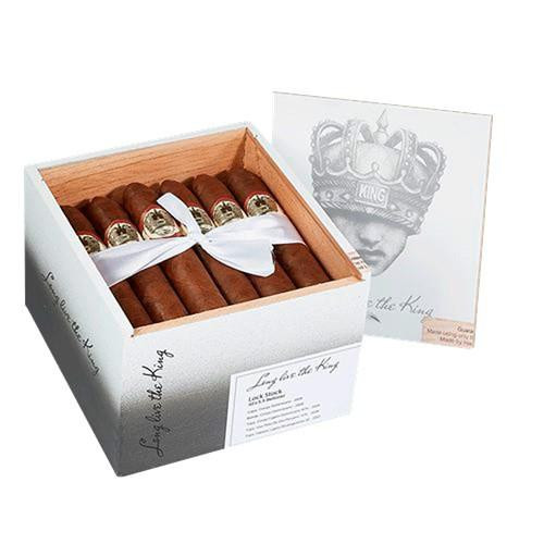Caldwell Collection - Long Live The King Marquis Cigars 24Ct. Box, an open white cigar box containing 24 premium cigars with gold and silver bands and a white ribbon, with a graphic of a king wearing a crown on the lid.