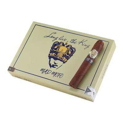 Caldwell Long Live the King Mad MF Corona Cigars 10Ct. Box, featuring a light-colored packaging with a royal crown and a portrait of a king on the cover and a single cigar resting on top.