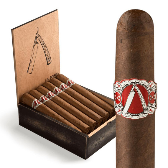La Barba Red Lancero Cigars 12Ct. Box, featuring a box of 12 red lancero cigars with detailed red and white band designs.