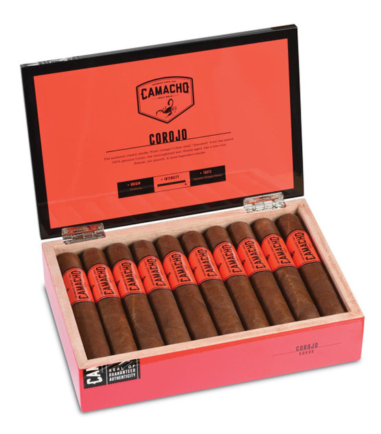 Camacho Corojo Gordo Cigars 20Ct. Box, open pink and black cigar box with 20 cigars featuring red bands with black text and a black scorpion logo inside.