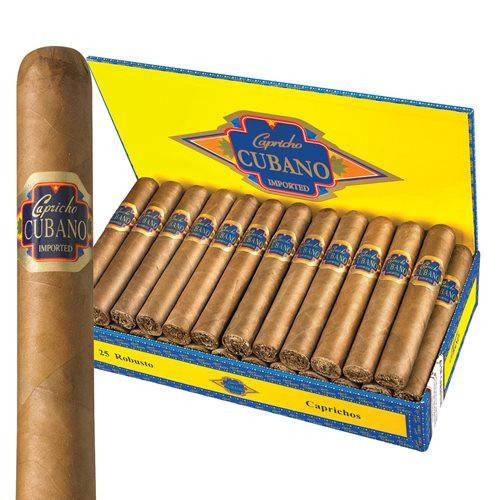 Capricho Cubano Churchill Connecticut Cigars 25Ct. Box, an open box of Cuban cigars with a single cigar in front showing its band and wrapper details.