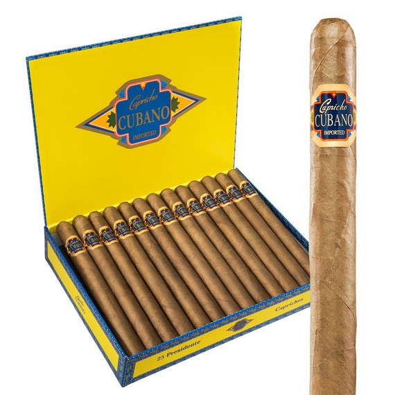 Capricho Cubano Presidente Connecticut Cigars 25Ct. Box, a display of 25 cigars with a light brown wrapper and blue labels, inside a colorful yellow and blue box.