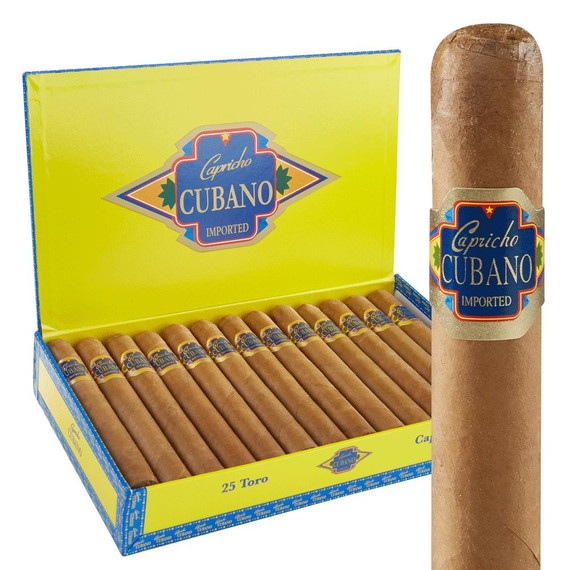 Capricho Cubano Toro Connecticut Cigars 25Ct. Box, featuring a yellow box filled with 25 cigars and a close-up of a single cigar with a colorful band.
