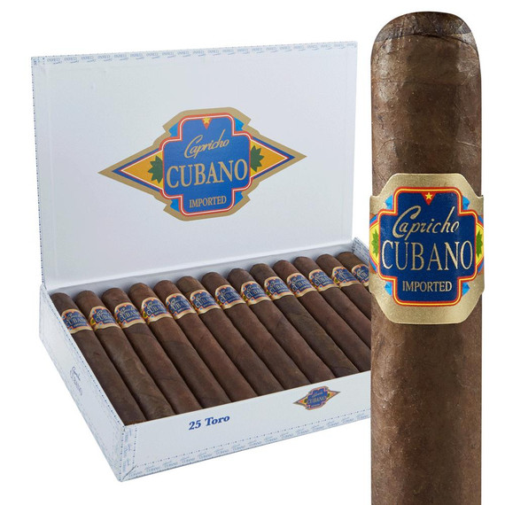 Capricho Cubano Robusto Maduro Cigars 25Ct. Box, opened white box displaying 25 cigars with dark brown Maduro wrappers and a close-up of one cigar's band featuring the Capricho Cubano logo.