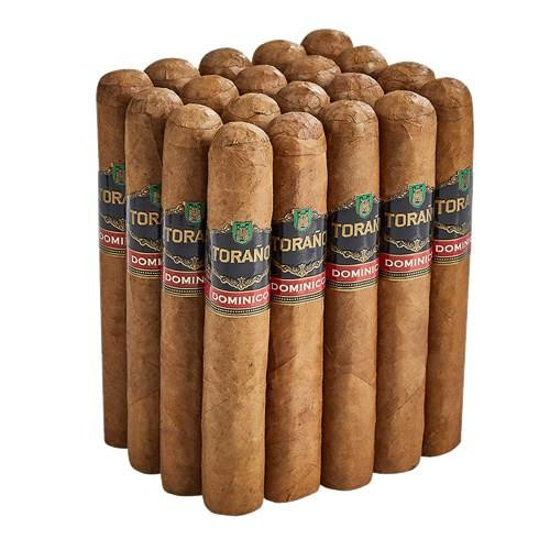 Carlos Torano Dominico Robusto Cigars Pack of 20, neatly arranged cigars with brown wrappers and branded labels.