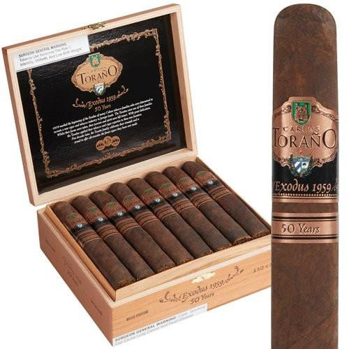 Carlos Torano Exodus 1959 '50 Years' Robusto Cigars 24Ct. Box, a wooden cigar box containing 24 cigars with a single cigar standing upright outside the box, featuring a band with the Torano logo and commemorating 50 years.