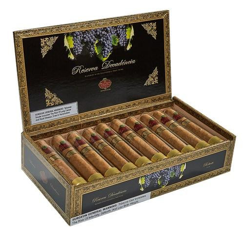 Carlos Torano Reserva Decadencia Robusto Cigars 20Ct. Box, open cigar box showcasing 20 premium cigars with decorative grapevine design and gold accents.