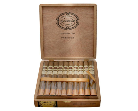 Aganorsa Leaf Connecticut Toro Cigars 20Ct. Box, wooden cigar box containing 20 cigars with labels and an elastic strap inside.