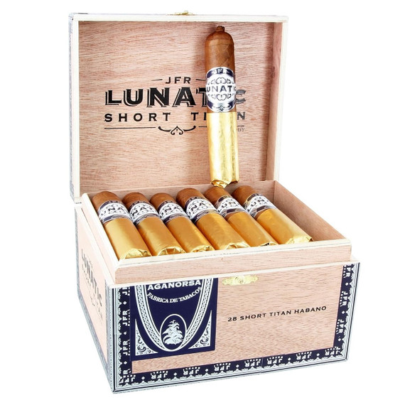 Casa Fernandez JFR Lunatic Habano Short Titan Cigars 28Ct. Box, wooden box open displaying multiple short Titan Habano cigars with golden wrappers and branded rings, inside a light-colored wooden box with branded interior and exterior.