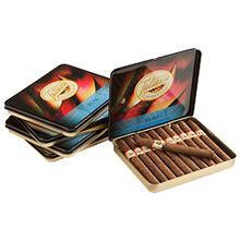Tatiana Mini Tins Rum Cigars 5 Tins of 10, open tin displaying rum cigars inside with colorful exterior packaging.