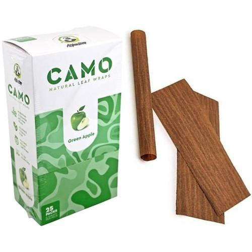 CAMO Natural Leaf Wraps Green Apple 25Pk, green leaf wraps, wooden rolling stick, and a wooden cutting board on a white background.