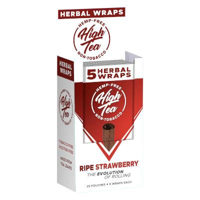 High Tea Wraps Juicy Ripe Strawberry 25/5 Ct, packaging with a red and white design displaying the herbal wraps and a picture of a strawberry-flavored wrap.