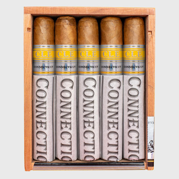 Product CLE Connecticut 546 Cigars 25Ct. Box, a wooden cigar box containing five cigars with labels reading 'Cleveland' and 'Connecticut' with a gold and silver band.