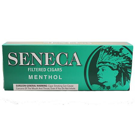 Seneca Manufacturing Seneca Filtered Cigars Menthol, green and black cigarette pack featuring a bearded man wearing a medieval helmet.