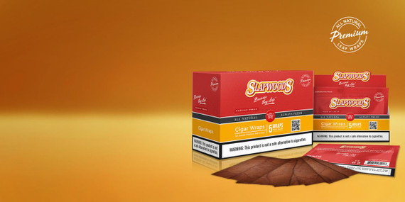 Slapwoods Natural Leaf Russian Cream Cigar Wraps 50ct, product packaging with dry cigar wraps and leaves laid out in front.