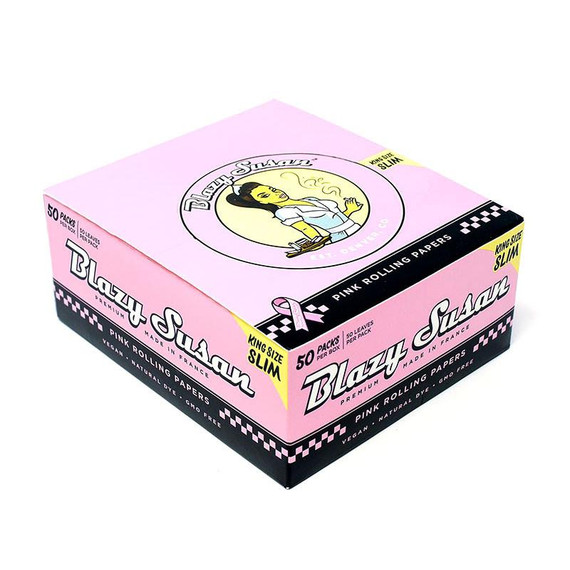 Blazy Susan Rolling Papers King Size Slim 50ct, pink packaging with cartoon illustration and checkered design.