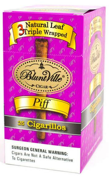 Swisher International Bluntville Cigarillos Piff 25 Cigars, product packaging showing a purple box with gold and black accents and an image of a cigarillo.