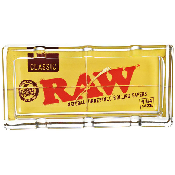 RAW Classic Pack Glass Ashtray, 6x3 inch transparent glass ashtray with yellow RAW rolling paper packaging design.
