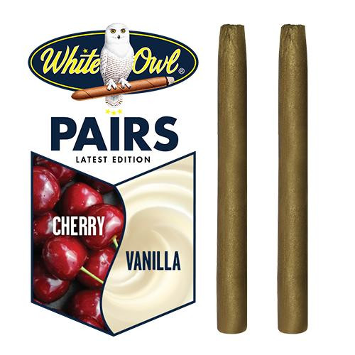 Swedish Match White Owl Cigarillos Cherry Vanilla 30 Pouches of 2, featuring cherry and vanilla flavored cigarillos in a package with cherry imagery and an owl logo.