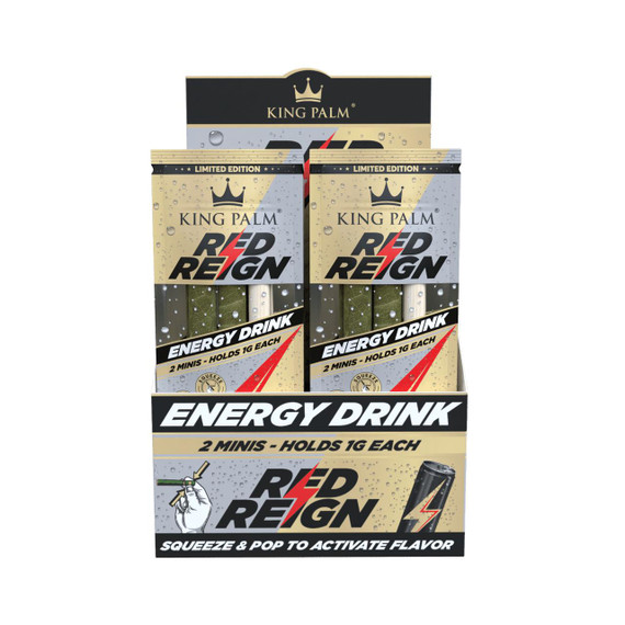 King Palm Wraps King Palm Red Reign Minis Rolls 20/2Pk, Energize mini rolls with energy drink flavor, contains 2 packs of mini rolls, each holding 1 gram, with a squeeze and pop flavor activation.