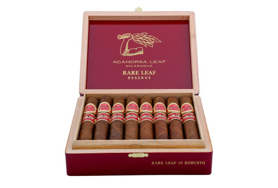 Aganorsa Rare Leaf Reserve Robusto Cigars 15Ct. Box, red and gold cigar box containing 15 cigars with labels, open to display cigars inside.