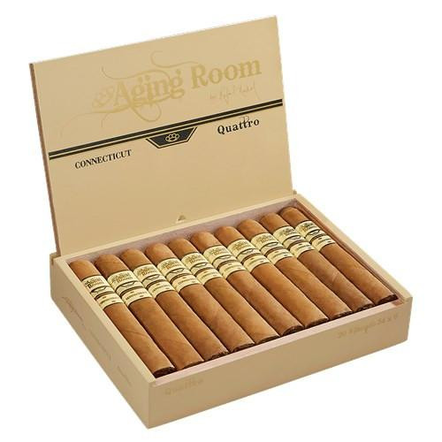 Altadis Aging Room Quattro Connecticut Vibrato Cigars 20Ct. Box, open box showing 20 cigars with Connecticut wrapper and branded bands inside a cream-colored box with gold text.