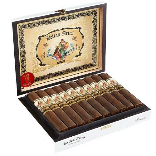 AJ Fernandez Bellas Artes Maduro by AJ Fernandez Robusto Cigars 20Ct. Box, opened display of 20 rich Maduro cigars inside a decorative wooden box with ornate label and artwork.