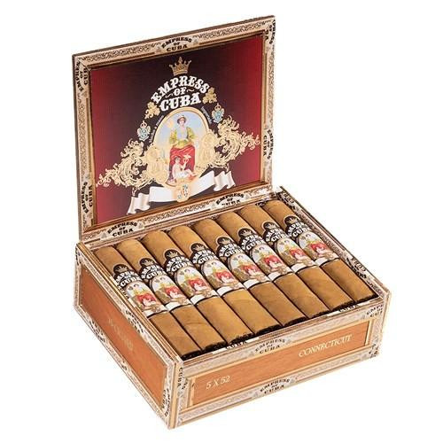 AJ Fernandez Empress of Cuba Connecticut Robusto Cigars 16Ct. Box, open box displaying 16 cigars with detailed labels and decorative packaging.