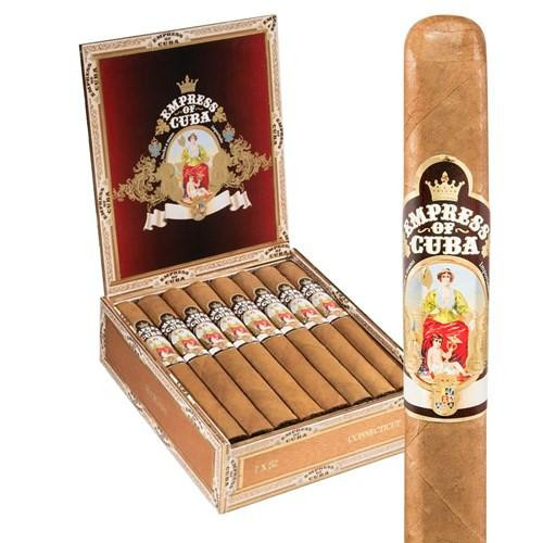AJ Fernandez Empress Of Cuba Connecticut Churchill Cigars 16Ct. Box, image of a open cigar box containing 16 cigars with detailed labels and an individual cigar showing the wrapper design.