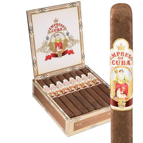AJ Fernandez Empress Of Cuba Habano Churchill Cigars 16Ct. Box, open wooden cigar box with 16 cigars inside and a close-up of a single Churchill cigar.