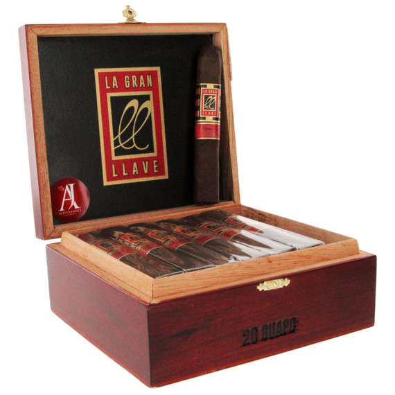 La Gran Llave Maduro by AJ Fernandez Guapo Cigars 20Ct. Box, an open wooden cigar storage box containing 20 cigars and featuring a branded interior with a logo and label 