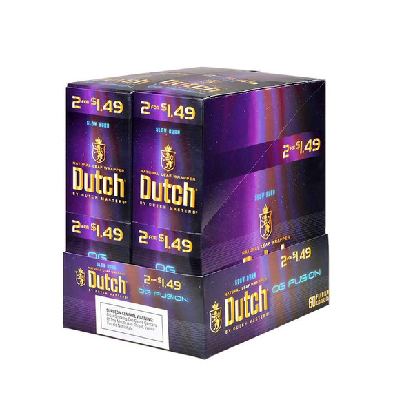 Product Altadis Dutch Masters Cigarillos Foil OG Fusion 30 Pouches of 2, box of cigarillos with purple and gold packaging featuring Dutch Masters logo and promotional pricing.