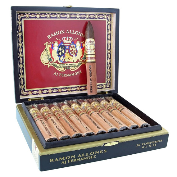 AJ Fernandez Ramon Allones Torpedo Cigars 20Ct. Box, image of a box of 20 cigars with a red and gold interior featuring the Ramon Allones logo and a single cigar displayed upright inside the box.