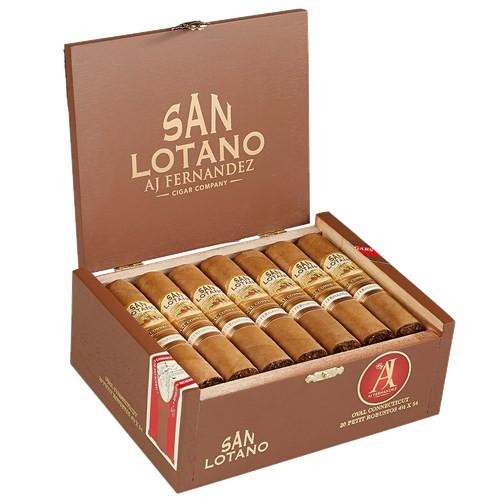 AJ Fernandez San Lotano Oval Connecticut Petite Robusto Cigars 20Ct. Box, wooden box open revealing 20 cigars with light brown and dark brown bands inside a brown display box with gold lettering.