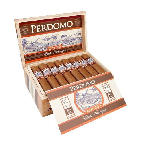 Perdomo Lot 23 Sun Grown Cigars, open wooden cigar box displaying multiple cigars with colorful bands and a branded insert card