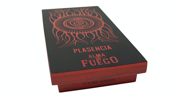 Plasencia Alma de Fuego Cigars Sampler 3ct, black and red cigar box with flame and spiral design.